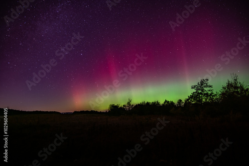 Purple aurora fills the night sky with red and green aurora below