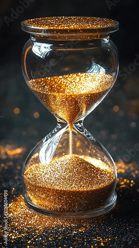 Hourglass with golden sand on dark background 