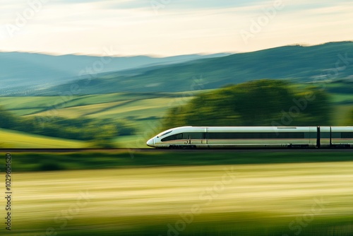High-Speed Train Zooming Past Countryside. Motion Blur and Green Hills.