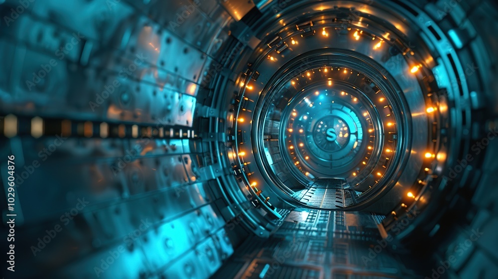 A futuristic tunnel with glowing lights and a metallic surface. A futuristic tunnel with glowing lights and a metallic surface.