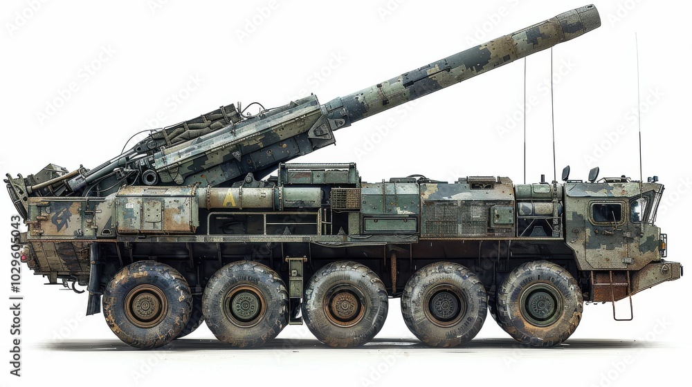 A military vehicle equipped with a large artillery system for combat operations. A military vehicle equipped with a large artillery system for combat operations.