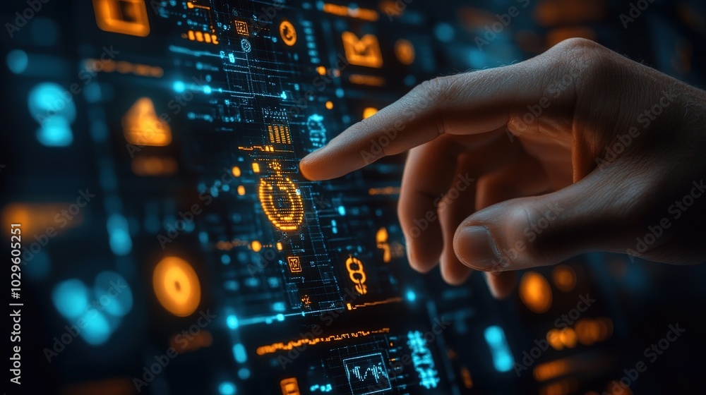 A hand reaches out to touch a glowing orange icon on a futuristic interface. . A hand reaches out to touch a glowing orange icon on a futuristic interface. .