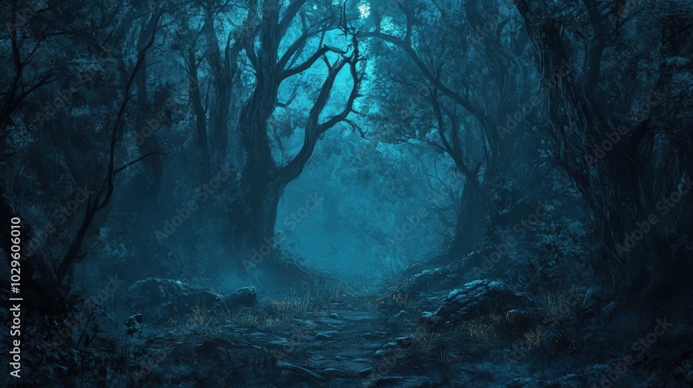 A mysterious, dimly lit forest path surrounded by trees and rocks, evoking a sense of intrigue. A mysterious, dimly lit forest path surrounded by trees and rocks, evoking a sense of intrigue.