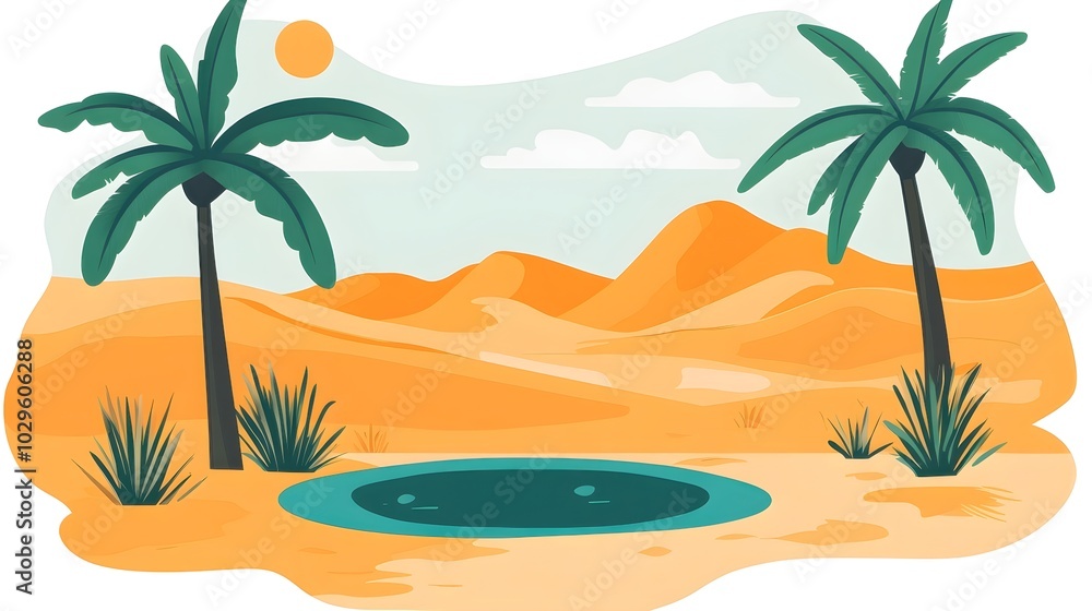Stylized Flat Graphic of a Desert Oasis Scene Stylized Flat Graphic of a Desert Oasis Scene