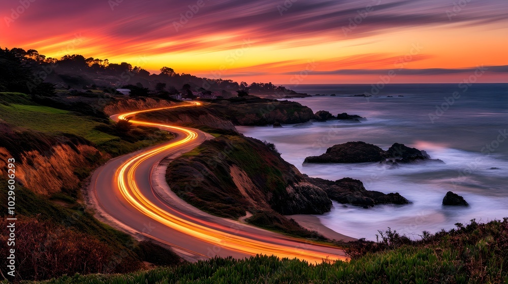 Serene Coastal Road at Sunset with Light Trails Serene Coastal Road at Sunset with Light Trails