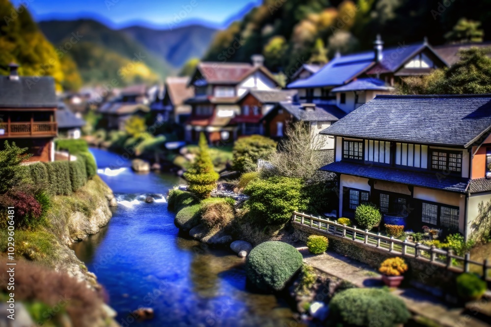 Obraz premium Tilt-Shift Photography of Charming Mountain Houses with Lush Gardens and Serene River View