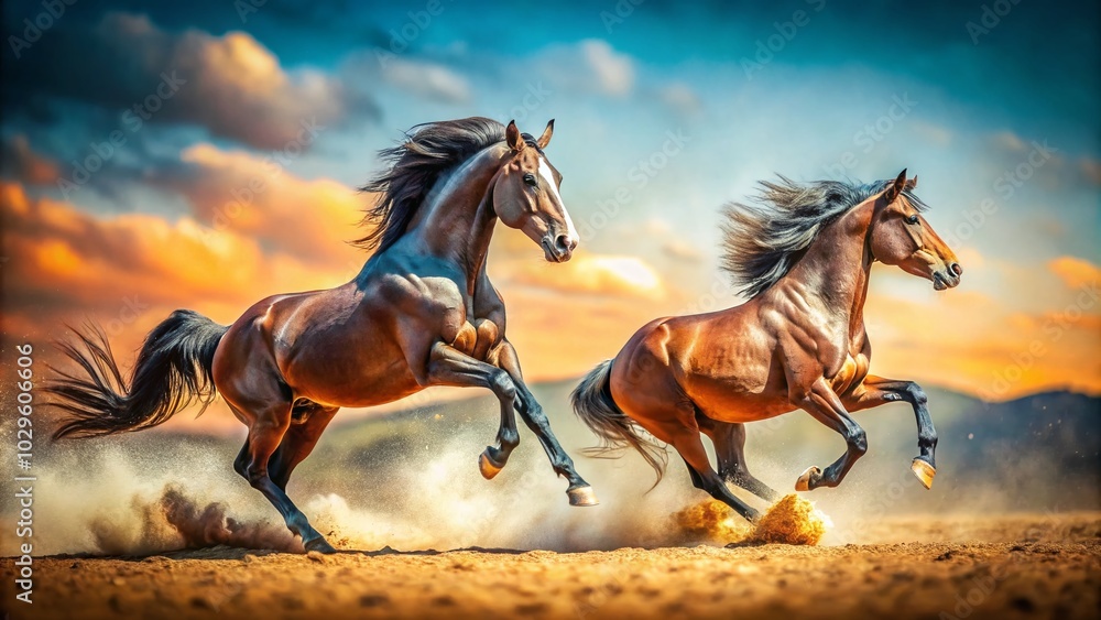 Tilt-Shift Photography of Fighting Stallions in Dramatic Action Tilt-Shift Photography of Fighting Stallions in Dramatic Action
