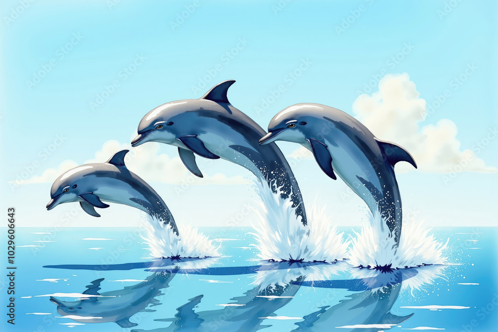Fototapeta premium Three dolphins jumping out of water in perfect formation