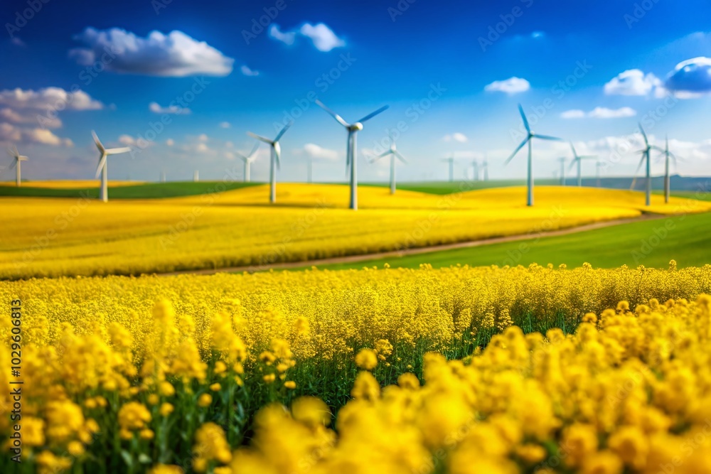 Tilt-Shift View of Wind Turbines and Power Lines in Flowering Rapeseed Field in Germany Tilt-Shift View of Wind Turbines and Power Lines in Flowering Rapeseed Field in Germany