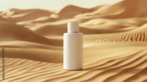 A minimalist product display featuring a white bottle set against golden sand dunes, highlighting a clean and modern design aesthetic. photo