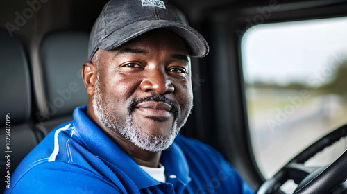 portrait of a seasoned African American trucker with a kind expression