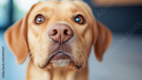 Golden Labrador dog with soulful eyes, portraying depth and warmth, against a subtle, slightly blurred setting that draws attention to its expressive and alert look. photo