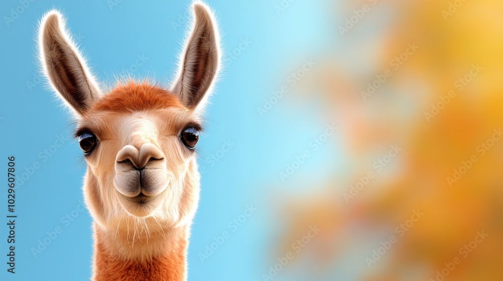 A close-up shot of a curious llama with soft, light brown fur and expressive eyes, set against a blurred colorful background, evokes a sense of playful curiosity. A close-up shot of a curious llama with soft, light brown fur and expressive eyes, set against a blurred colorful background, evokes a sense of playful curiosity.