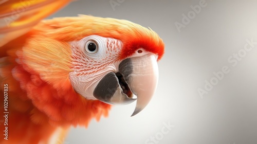 A vivid close-up of a colorful orange parrot with detailed textures and soft lighting, showcasing its vibrant plumage and expressive features. photo