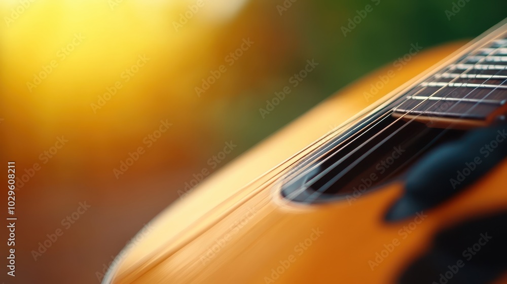 An acoustic guitar's strings capture the warm glow of sunlight, set against a blurry outdoor background, evoking feelings of tranquility and inspiration. An acoustic guitar's strings capture the warm glow of sunlight, set against a blurry outdoor background, evoking feelings of tranquility and inspiration.