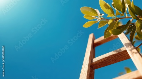 A wooden ladder stands next to lush green branches against a clear blue sky, symbolizing opportunity, nature, and tranquility in a bright sunny setting. photo