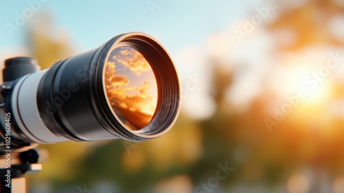 The image showcases a close-up view of a camera lens reflecting a vibrant sunset, with the sky and clouds vividly visible within the glass, symbolizing creativity and exploration.