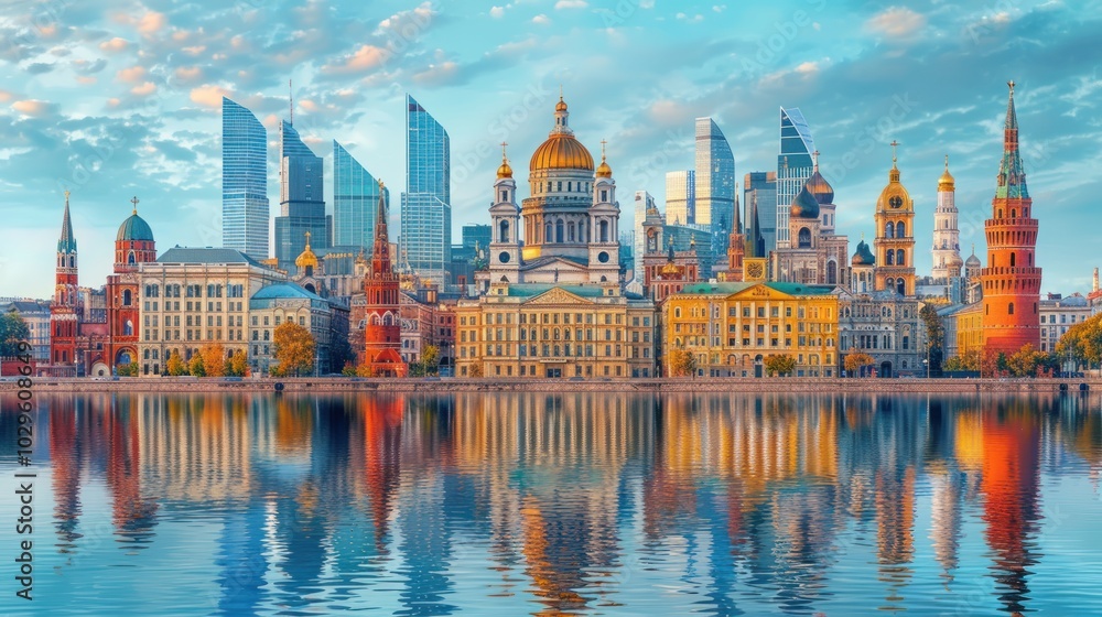 Obraz premium Moscow Skyline with Reflection