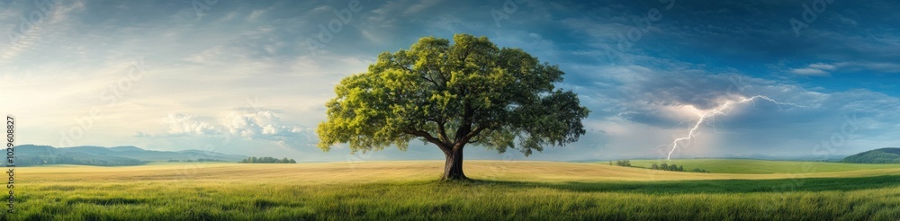 Majestic tree stands alone in a vast field under a dramatic sky with lightning, AI Majestic tree stands alone in a vast field under a dramatic sky with lightning, AI
