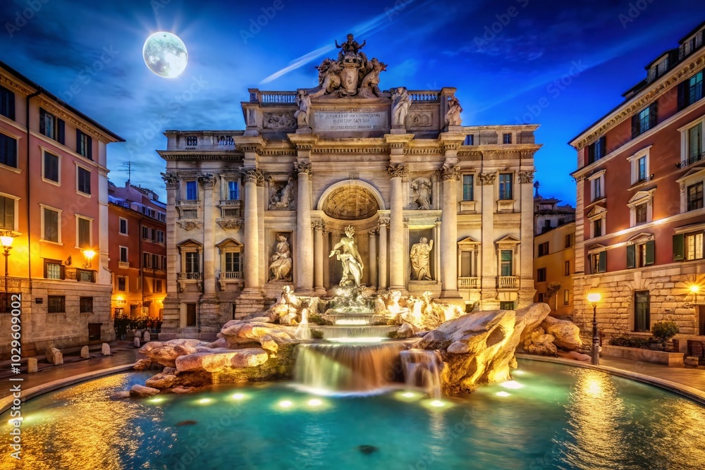 Fototapeta premium Trevi Fountain at Night - Serene Capture of Rome's Iconic Landmark Illuminated in Candid Photography