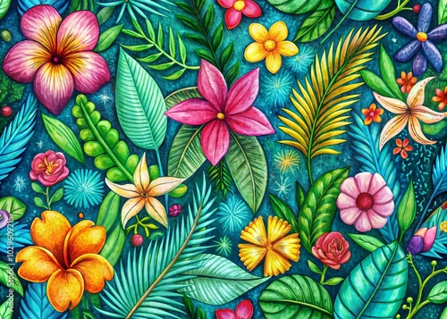Wallpaper Mural Tropical Floral Doodle Pattern - Bright Crayon-Like Jungle Blossoms for Kids' Art and Design Torontodigital.ca