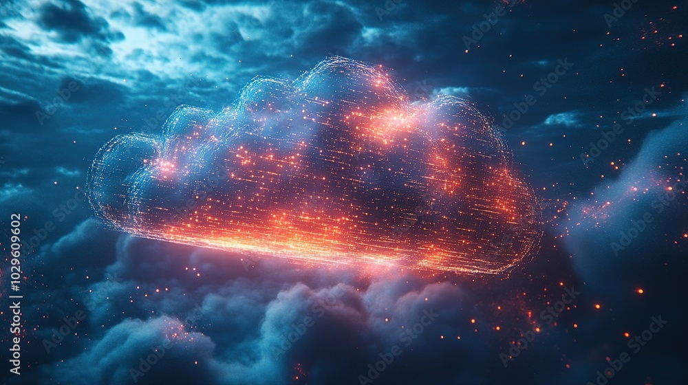 A glowing cloud of digital data in a night sky. A glowing cloud of digital data in a night sky.