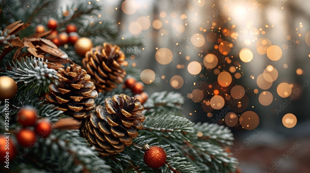 Obraz premium Golden-accented pinecones nestled in evergreen branches create a cozy holiday atmosphere, enhanced by soft bokeh lights in the background, evoking warmth during the festive season. Copy space