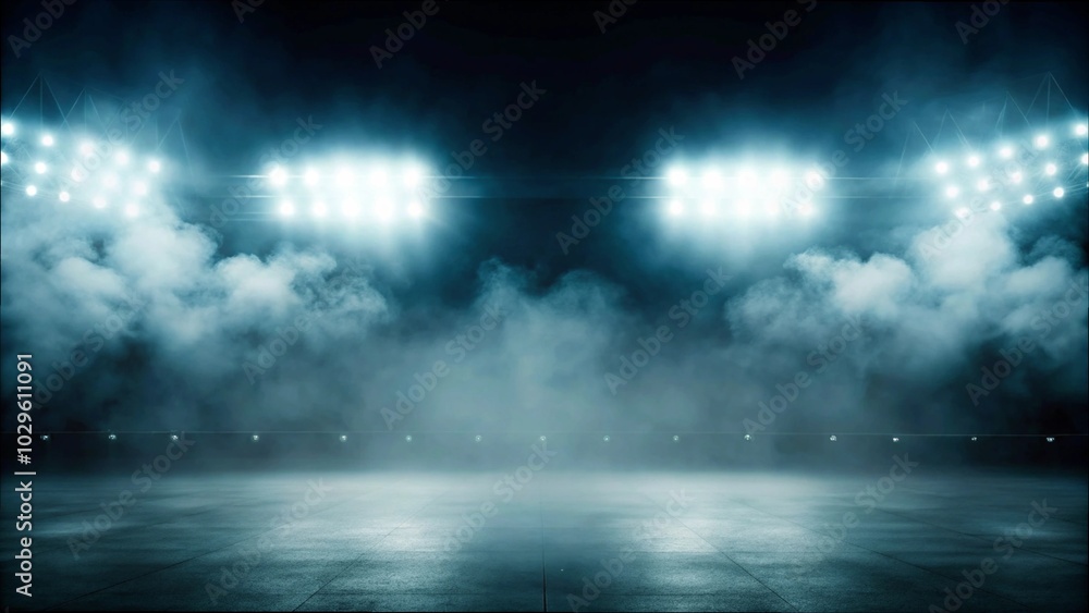 Bright stadium arena lights, Smoke bombs, empty dark scene, neon light, spotlights The concrete floor and studio room with smoke float up the interior texture, night view for display products Bright stadium arena lights, Smoke bombs, empty dark scene, neon light, spotlights The concrete floor and studio room with smoke float up the interior texture, night view for display products