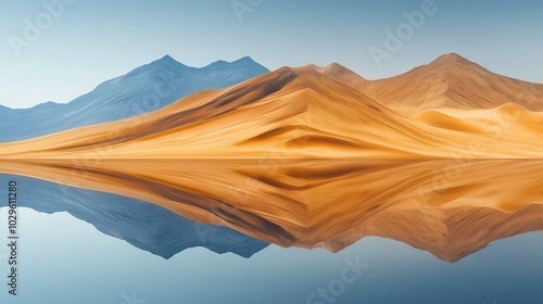 Mountains reflected lake sky background arena entertainment dune abstract forms shapes flowing rhythms dunes empty edges thin fog desert dulled contrast mirrored
 photo