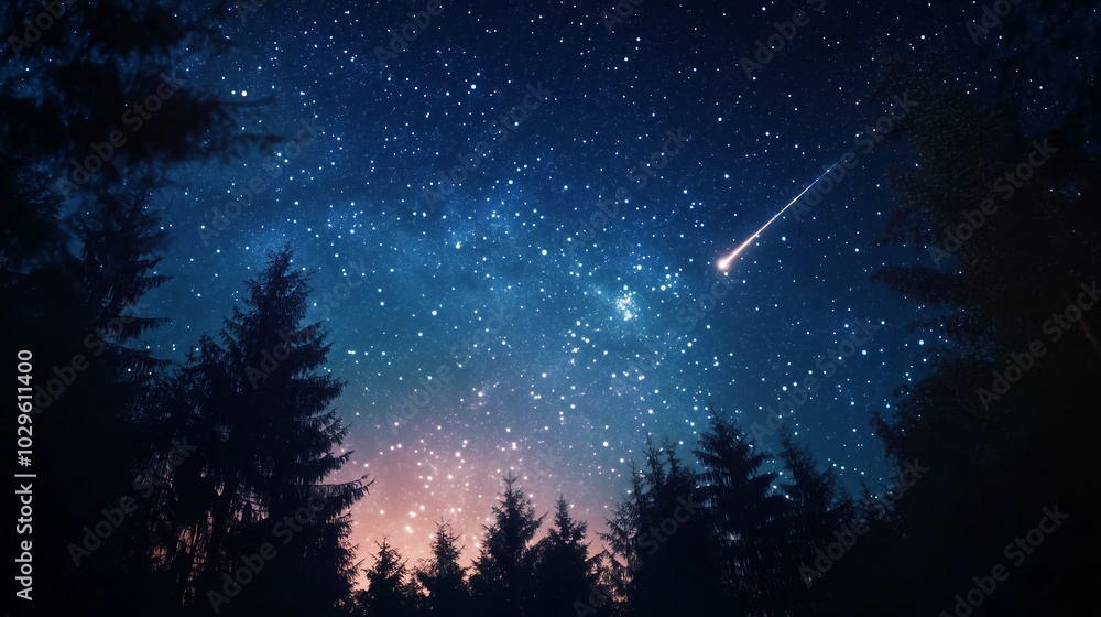 Fototapeta premium Starlit sky above a forest with a shooting star shining brightly during twilight