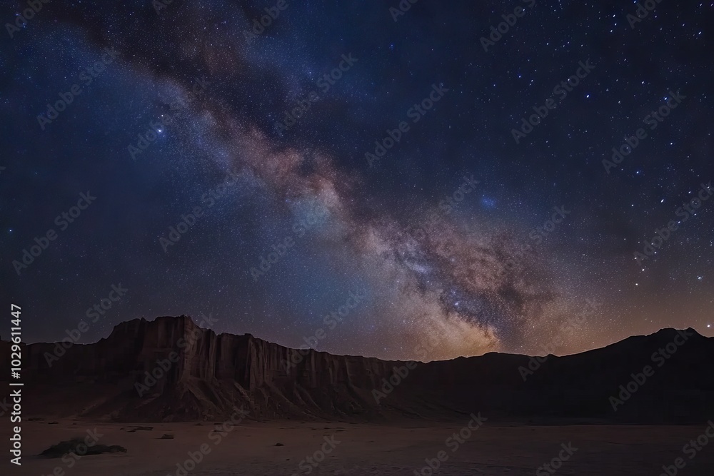 Fototapeta premium Time-Lapse of Milky Way Over Desert. Celestial Sky and Stars.