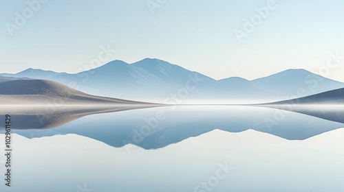 Mountains reflected lake sky background arena entertainment dune abstract forms shapes flowing rhythms dunes empty edges thin fog desert dulled contrast mirrored
 photo