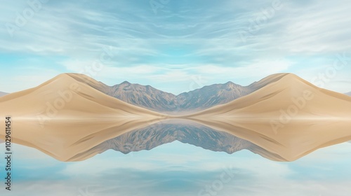 Mountains reflected lake sky background arena entertainment dune abstract forms shapes flowing rhythms dunes empty edges thin fog desert dulled contrast mirrored
 photo