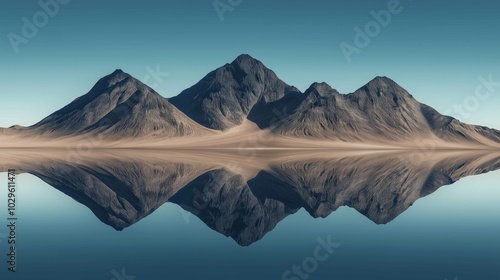 Mountains reflected lake sky background arena entertainment dune abstract forms shapes flowing rhythms dunes empty edges thin fog desert dulled contrast mirrored
 photo