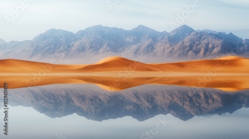 Mountains reflected lake sky background arena entertainment dune abstract forms shapes flowing rhythms dunes empty edges thin fog desert dulled contrast mirrored
 photo