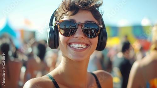 Woman sunglasses headphones taking beer stunning concert huge smile ultra wild lens short hair olive skin aviators 