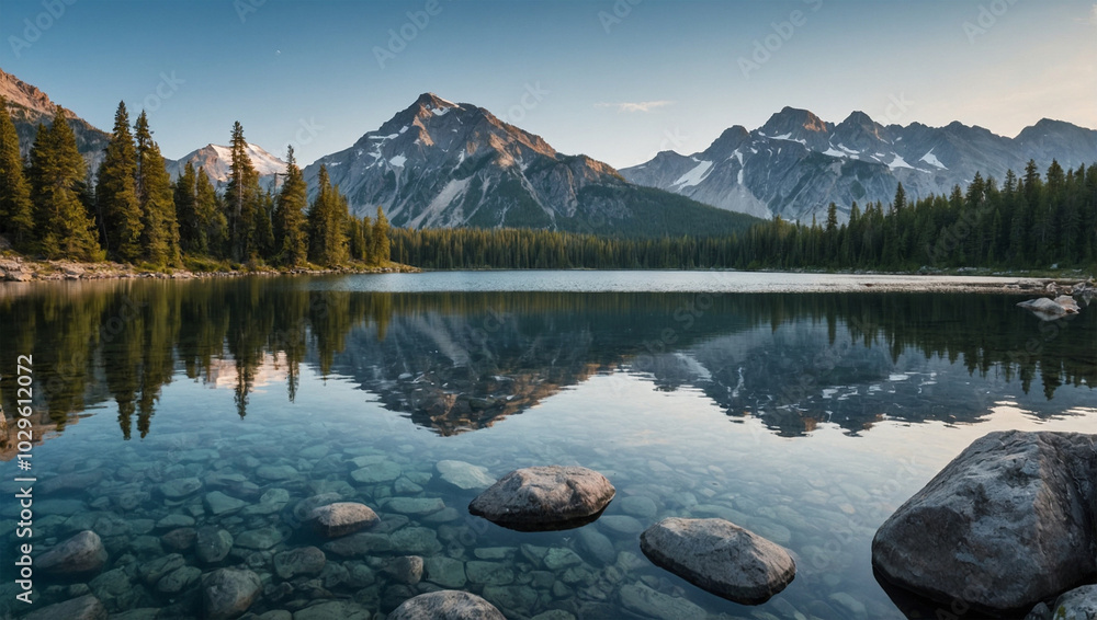 Obraz premium Crystal clear lake reflecting the surrounding mountain range, with a few trees and rocks in the foreground.