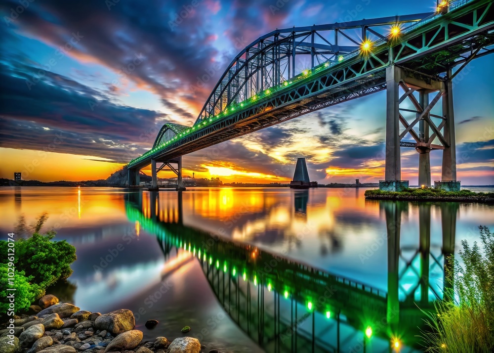 Obraz premium Urban Exploration of the Iconic Green Bay Bridge at Dusk – Captivating Views and Industrial Vibes