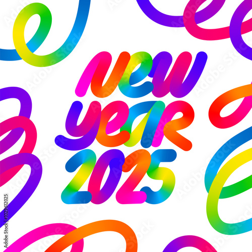 2025 New Year Poster with Abstract Gradient Art. Rainbow-colored Creative Frame and Neon Linear Lettering. photo