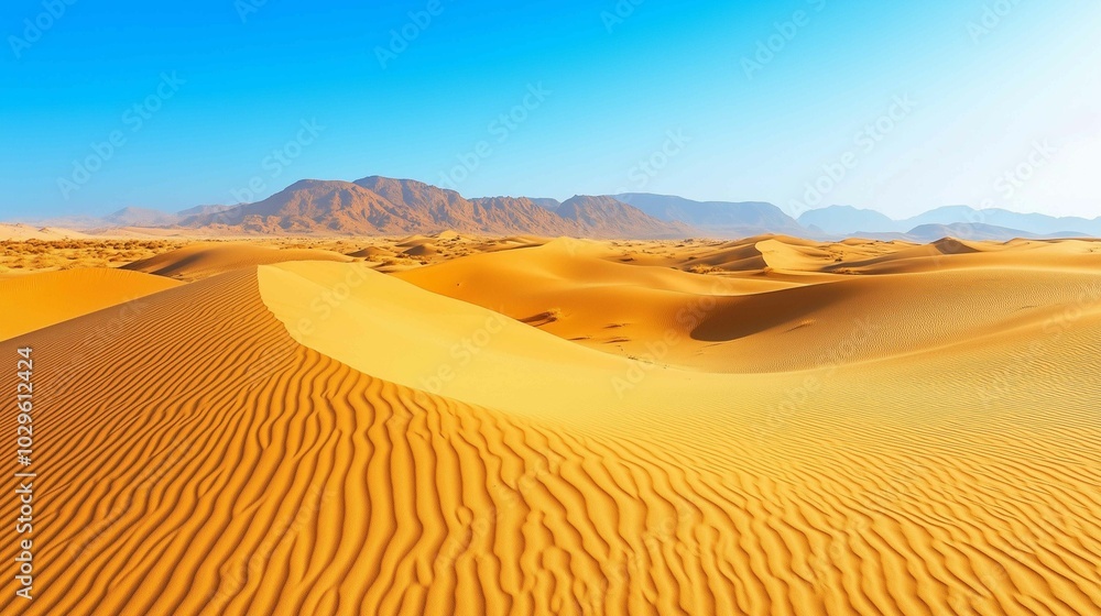Vast desert landscape, golden sand dunes, clear blue sky, distant mountains on the horizon
Vast desert landscape, golden sand dunes, clear blue sky, distant mountains on the horizon