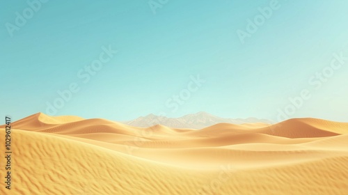 Vast desert landscape, golden sand dunes, clear blue sky, distant mountains on the horizon 