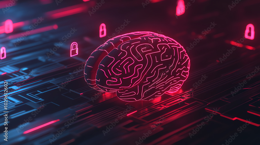 A futuristic digital brain design with neon circuitry and glowing padlocks, symbolizing data security and artificial intelligence. Ideal for tech-themed visual content. A futuristic digital brain design with neon circuitry and glowing padlocks, symbolizing data security and artificial intelligence. Ideal for tech-themed visual content.