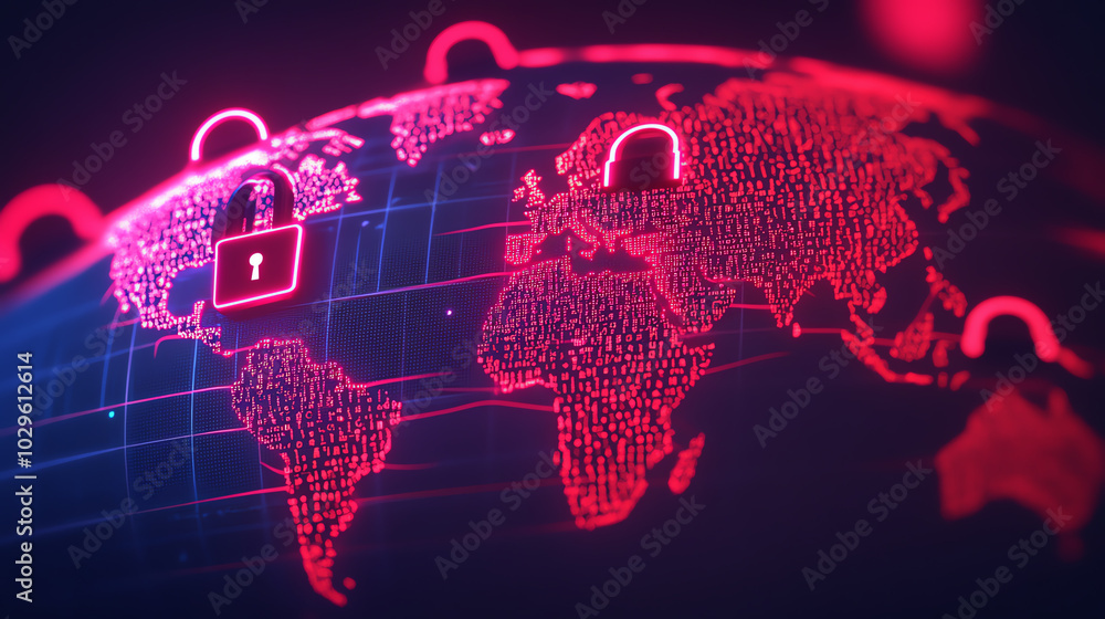 A futuristic depiction of a world map with digital padlocks and network patterns, representing global cybersecurity and data protection in a vibrant red color scheme.