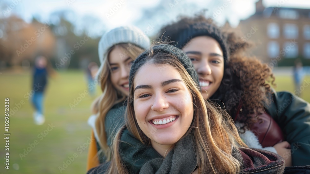 Group of female friends enjoying a playful piggyback moment outdoors, celebrating friendship, support, and education on campus Group of female friends enjoying a playful piggyback moment outdoors, celebrating friendship, support, and education on campus