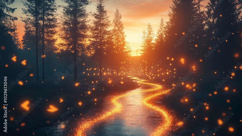 A flowing river winding through a dense forest, with glowing arrows made of light following the river's path, representing the flow of trends. The background features tall trees and a glowing suns A flowing river winding through a dense forest, with glowing arrows made of light following the river's path, representing the flow of trends. The background features tall trees and a glowing suns
