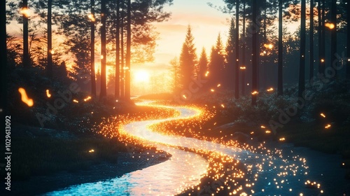 A flowing river winding through a dense forest, with glowing arrows made of light following the river's path, representing the flow of trends. The background features tall trees and a glowing suns