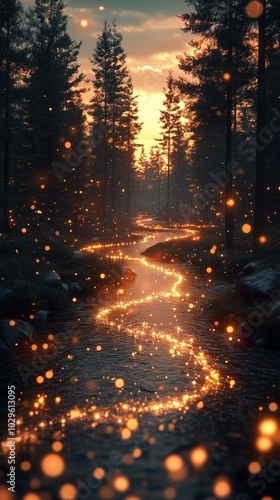 A flowing river winding through a dense forest, with glowing arrows made of light following the river's path, representing the flow of trends. The background features tall trees and a glowing suns