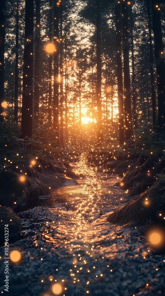 A flowing river winding through a dense forest, with glowing arrows made of light following the river's path, representing the flow of trends. The background features tall trees and a glowing suns A flowing river winding through a dense forest, with glowing arrows made of light following the river's path, representing the flow of trends. The background features tall trees and a glowing suns
