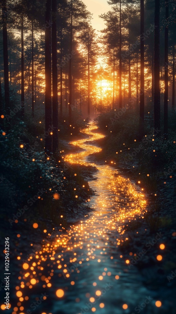 A flowing river winding through a dense forest, with glowing arrows made of light following the river's path, representing the flow of trends. The background features tall trees and a glowing suns A flowing river winding through a dense forest, with glowing arrows made of light following the river's path, representing the flow of trends. The background features tall trees and a glowing suns