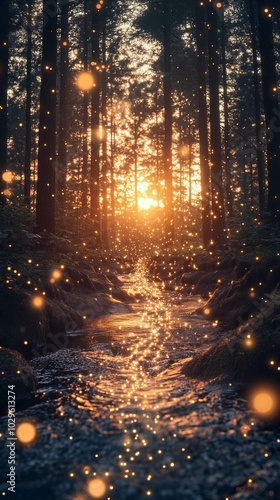 A flowing river winding through a dense forest, with glowing arrows made of light following the river's path, representing the flow of trends. The background features tall trees and a glowing suns